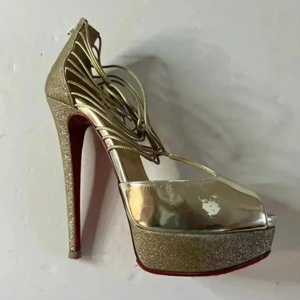 Christian Louboutin Lady Peep Gold Glitter Platform Heels Women’s EU 36 - Picture 15 of 15